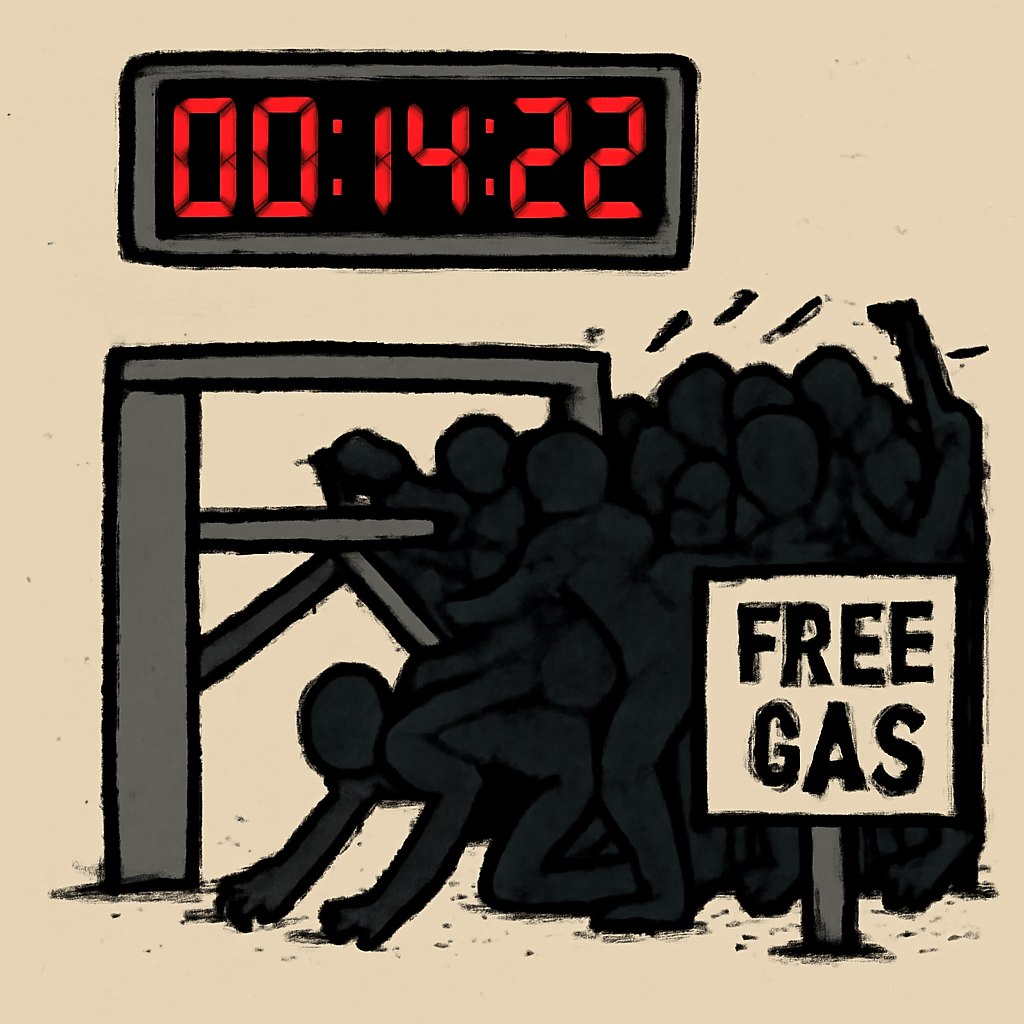 A digital clock frozen at 00:14:22 above a half-lowered turnstile gate. A crowd of dark silhouette figures squeezes underneath it, one on hands and knees, past a sign reading FREE GAS.